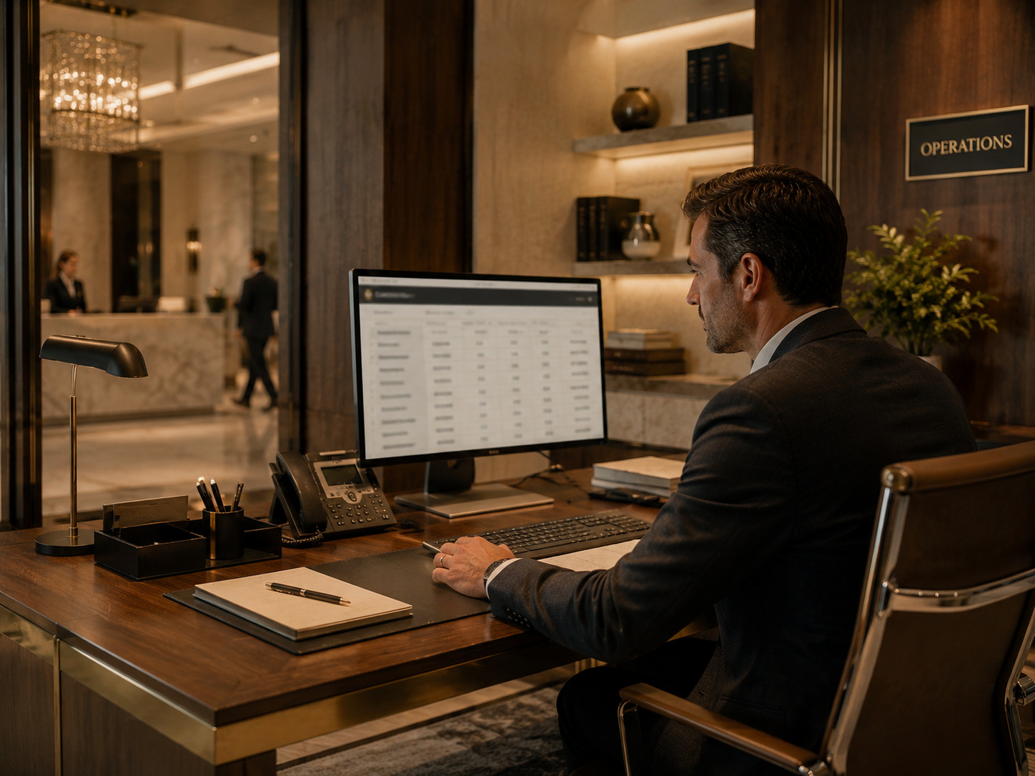 Hotel manager reviewing property operations